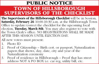 Supervisors of the check list will be in session 2-26-2022 from 10 am to 10:30 am Town office